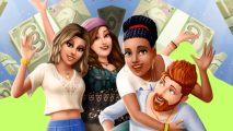 The Sims 4 cheats: four smiling sims mess around in front of falling simolean notes.