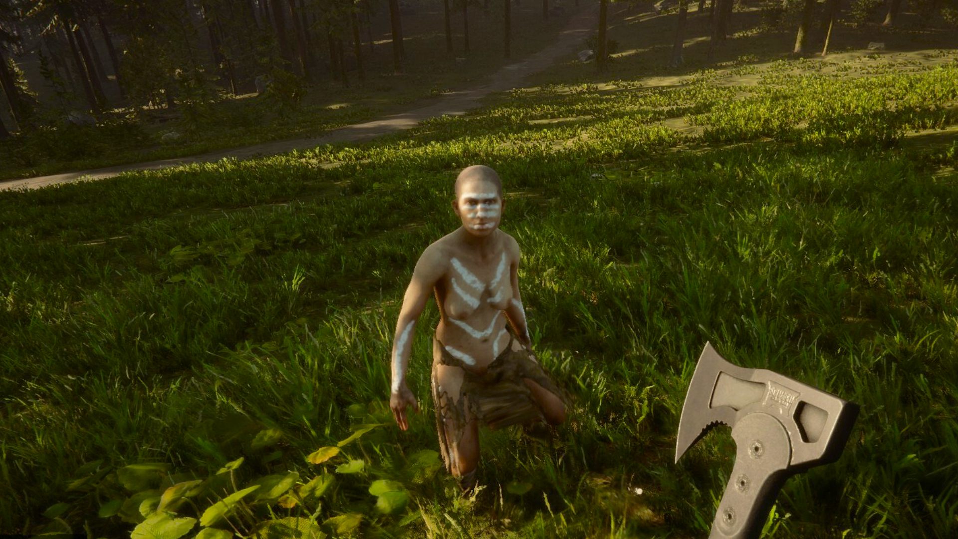 Sons of the Forest NPC with warpaint on and player holding axe