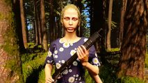 Sons of the Forest dev Q&A - Virginia stands in the forest, wearing a flowery dress and holding a shotgun