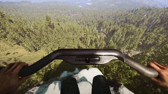 How to get the hang glider in Sons of the Forest: The protagonist lifting off into the air with the hang glider, lifting his legs up as he travels over the forest landscape below.