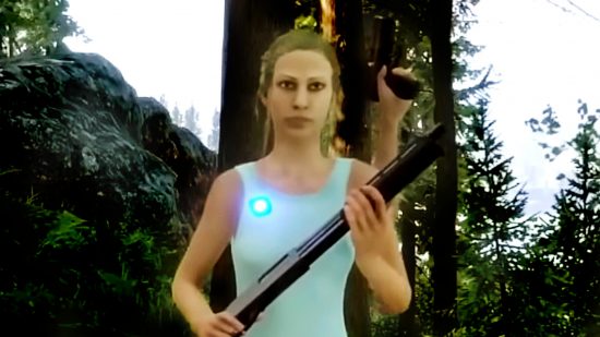 Sons of the Forest hotkeys update - Virginia stands in the forest, holding a shotgun and pistol