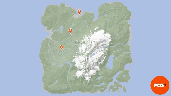 Best Sons of the Forest base locations: A map showing three pinned locations along the west of the map where might be good to build a permanent base