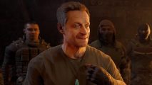 STALKER 2 developer statement - a man with milky eyes points to himself, as several other people stand behind him.