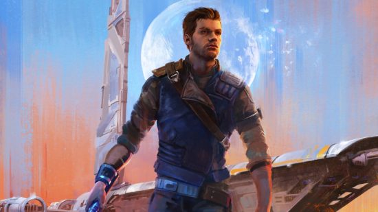 Jedi Survivor won't be the last we see of Cal Kestis, Respawn hints: A young man with ginger hair and a beard in combat hear holding a lightsabre stands in front of a silvery moon