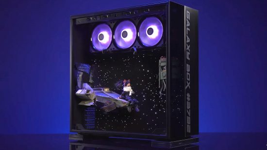 Starfield gaming PC: Wide view of Galaxy Box custom rig with fibreoptic lights and space explorer figurine with spaceship and diner