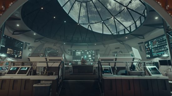 Starfield release date: the interior of a space station; a glass roof shoes that the station os orbiting a large white planet.