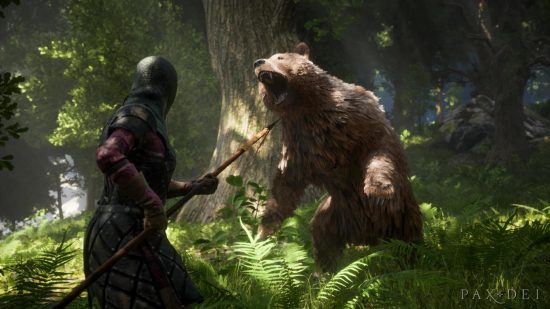 New Steam MMO Pax Dei is the medieval adventure you need: A man wearing armour holding a spear fighting a huge, roaring brown bear in a forest