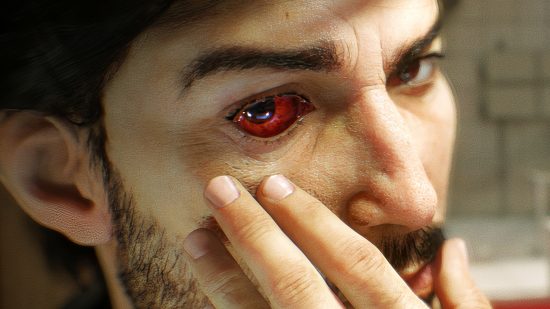 Steam sale gives you basically every Bethesda game for less than $99: A person looks into a mirror to examine a bright red eye in Bethesda and Arkane FPS game Prey