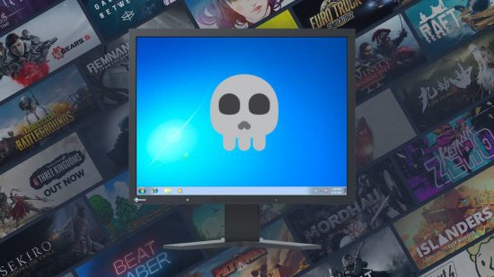 Steam Windows 7 and 8 support: monitor with operating system and skull emoji on screen with game tile backdrop