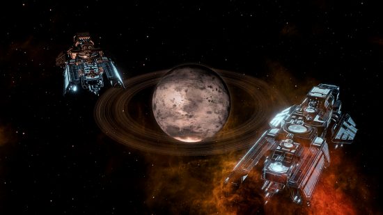 Parche 3.7.4 de Stellaris: dos grandes naves espaciales orbitan un planeta