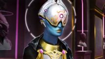 Stellaris patch 3.7.4 notes - a blue-skinned alien wearing gold lipstick, a white helmet decorated with gold and purple designs, and a gold and black cloak