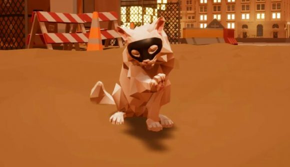 Stray meets GTA in purrfect Steam game Heist Kitty: A small cartoon cat wearing a black robber mask licks its paw