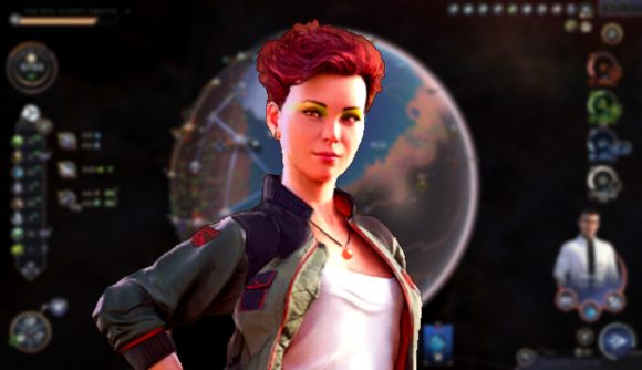 Terraformers - a red-haired person in a black jacket and white top stands before an overview of the planet Mars, which is the setting for this space city-building game