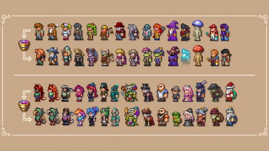 Terraria Shimmer NPC variants - all the different skins for characters that can be unlocked using Shimmer in the sandbox game