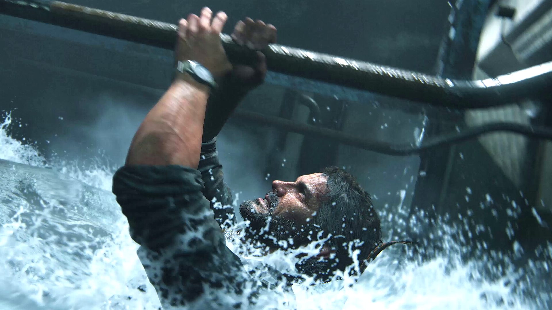 The best Last of Us settings: Joel hanging onto pipe in water