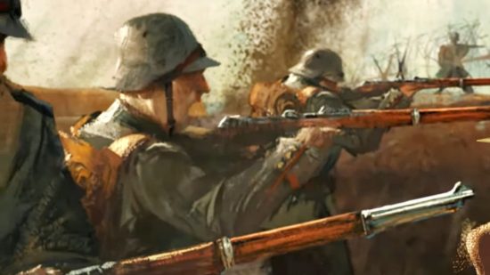 Introducing the Central Powers, Great War Western Front's newcomers: A solider in green WWI gear screams as bombs go off around him and he runs forward with a rifle