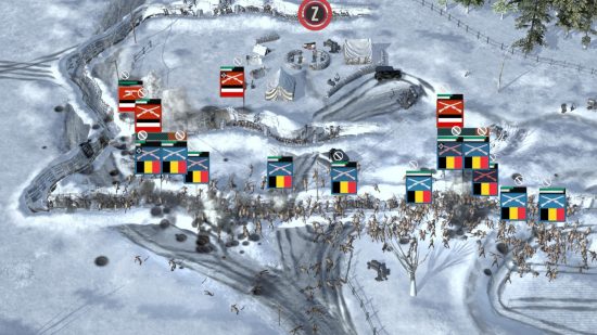 A virtual battlefield with soldiers in the snow charging over a trench in an attack