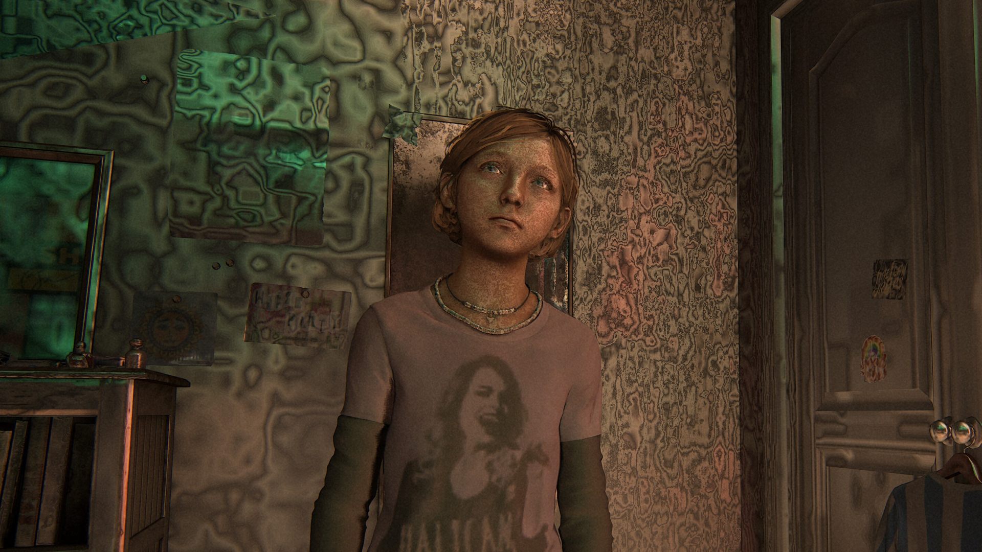 The Last of Us building shaders issue: Sarah standing in bedroom with texture issues
