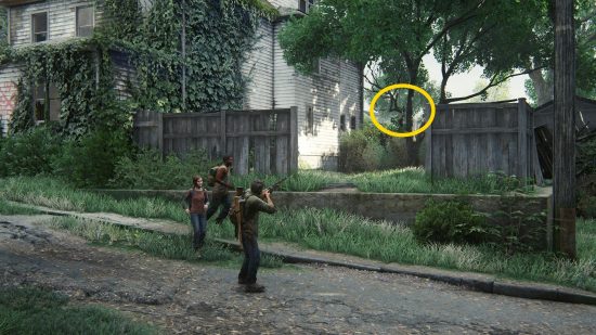 The Last of Us Firefly Pendants locations: a man aims his rifle in an open, overgrown area of a city.