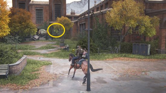 The Last of Us Firefly Pendants locations: a man and a young woman ride a horse through an abandoned city.