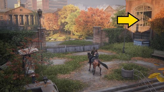 The Last of Us Firefly Pendants locations: a man rides a horse through an abandoned city.