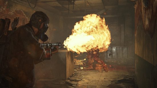 The Last of Us Firefly Pendants locations: a man burns a dangerous monster with a flamethrower.