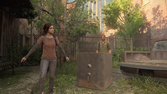 The Last of Us safe combinations guide: a man and a young woman stand next to an old rusty safe.
