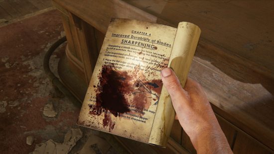 The Last of Us training manuals: an old book, covered in blood.