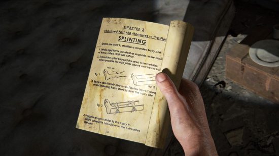 The Last of Us training manuals: a hand holds an old, yellowed book.