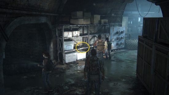 The Last of Us training manuals: a man searches a flooded room for a book, highlighting it with his flashlight.