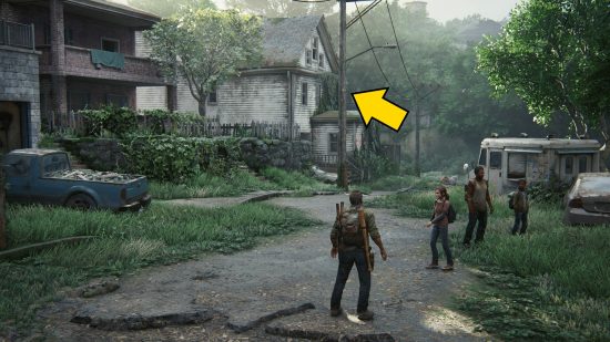 The Last of Us training manuals: a man and a young woman stand outside a run-down, overgrown house.