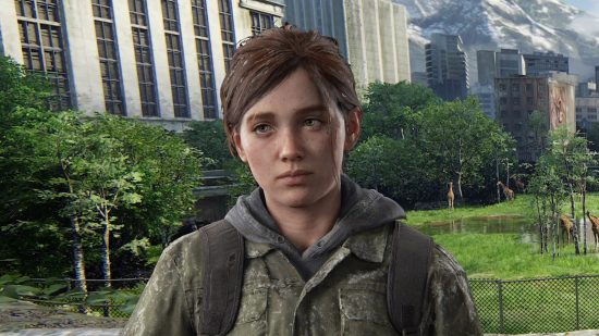 The Last of Us patch@ Ellie with green cityscape backdrop