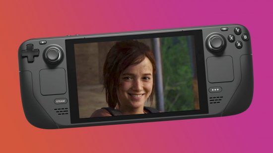 The Last of Us Steam Deck Verified: Ellie on handheld PC screen with orange and pink backdrop