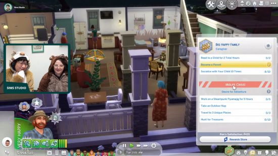 The Sims 4 Growing Together – Totale Aufnahme eines Hauses mit einem Menü, das eine „Midlife-Crisis“ zeigt, die den Sim mit vier abenteuerlichen Aufgaben konfrontiert