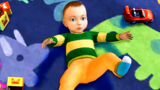 The Sims 4 infant update - a small child lays on their back on a cartoon rug, looking startled