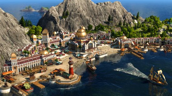 Ubisoft Steam sale - A city built on the coastline by mountains in Anno 1800
