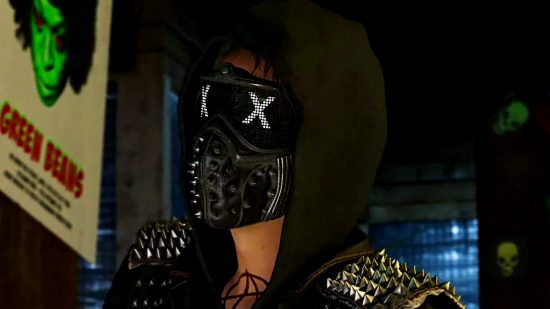 Oferta de Ubisoft Steam: Wrench, un hombre que lleva una máscara facial con púas y pantallas LED en los ojos, de Watch Dogs 2