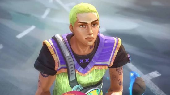 Valorant Episode 6 Act 2 battle pass - Skins, rewards, gun buddies: A Latin man with neon green hair in a sports ground with a basketball concentrating
