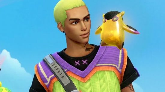 Pesky Valorant bug means Gekko can run but he can't hide: A Latino man with bright green short hair stands looking at a small yellow slime creature on his shoulder