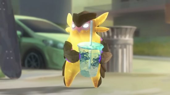 Valorant patch notes - 6.06 update kills Gekko's Wingman, literally: A small yellow bipedal slime creature holds an empty bubble tea carton in front of a trash can