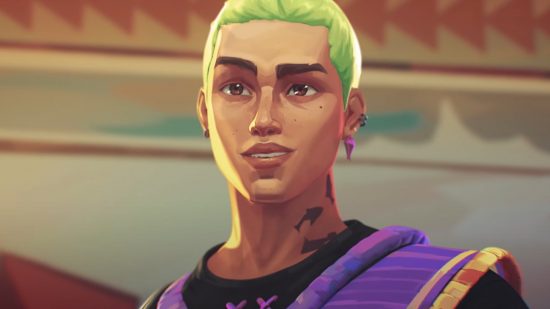 Valorant patch notes - 6.04 update adds new agent Gekko, Oni 2.0 skins: A green haired Latino man with a pink earring stands in front of a mural smiling
