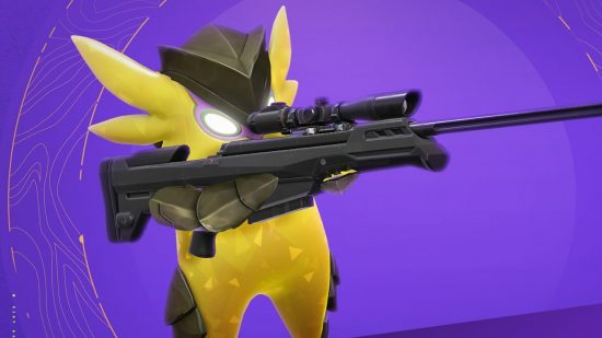 New Valorant patch lets Wingman finally use guns and do crime: A small bipedal yellow bipedal slime creature on a bright purple background looks down the sights of a sniper rifle