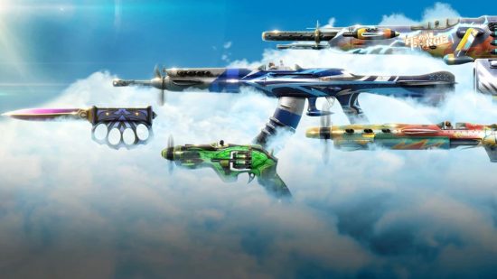 Valorante skins: de hoogtekapset, een kleurrijke set wapenschillen, weergegeven op een achtergrond van witte wolken op blauwe lucht,