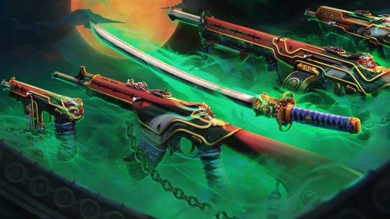 Valorant skins: The Episode 6 Oni skins, on a background of green smoke.