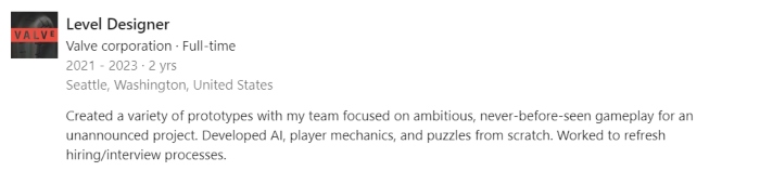 Valve werkt aan een nieuw, geheim spel en het klinkt als Portal 3: een LinkedIn -profiel voor een klepmedewerker die kan wijzen op Portal 3