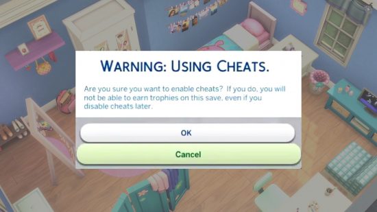 Sims 4 cheats: A warning appears on screen reading: 