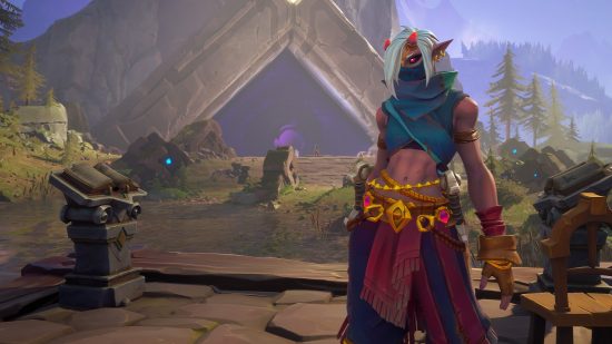 A mysterious elf woman with flowing white hair, red horns, and a mask covering her mouth wearing red loose trousers and a blue cropped shirt stands in front of a huge purple portal