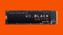 A WD Black SN770 SSD against a bright orange background