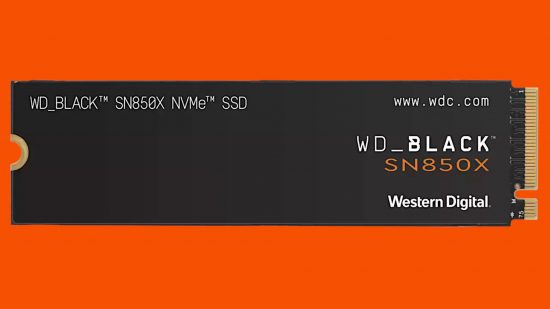 The WD_BLACK SN850X SSD against an orange background