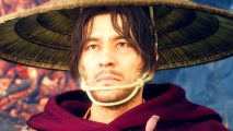 Wild Hearts patch 1.05 - Daidoji Ujishige, a hunter with scruffy hair in a red cloak and large cone hat